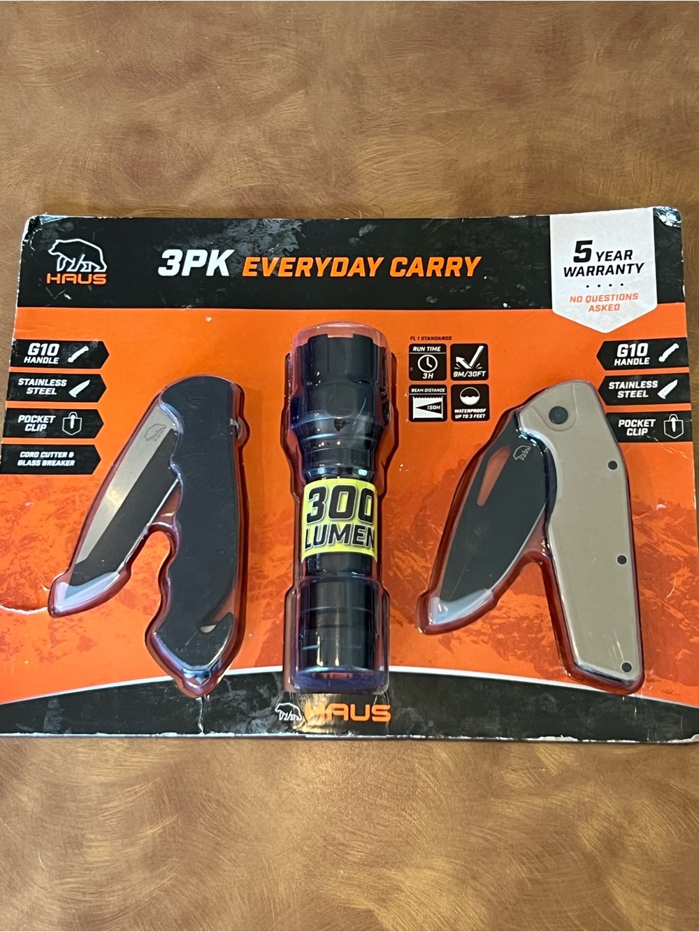 3PK Everyday Carry Set with Black and Silver Knives and Black Flashlight